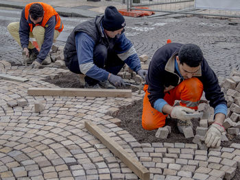 High angle view of people working at construction site