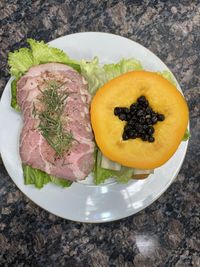 High angle view of food in plate