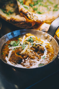 High angle view of noodles in bowl on table