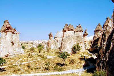 Panoramic view of rock formations against clear blue sky