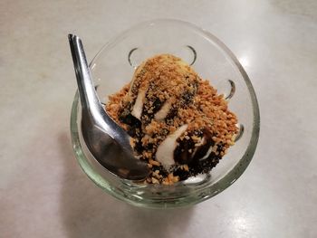 High angle view of ice cream in glass on table