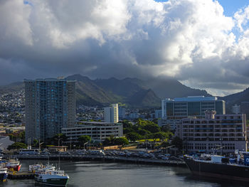 City by sea against sky