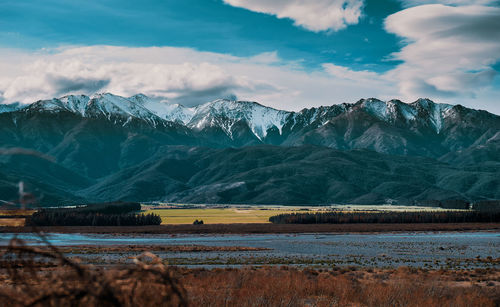 View of snowcapped mountain against cloudy sky