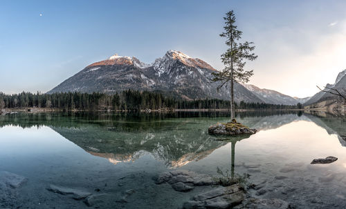 Scenic view of lake by trees against sky