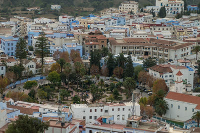 High angle view of buildings in city