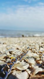 Close-up of water on beach against sky