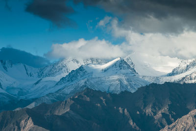 Scenic view of snowcapped mountains against sky