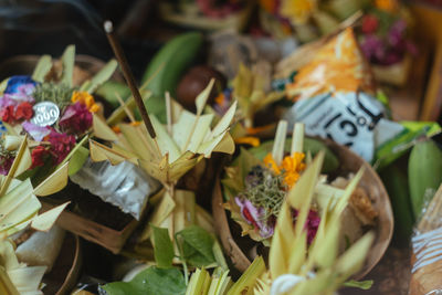 Various balinese offerings made for buda cemeng klawu ceremony in ubud bali on march 9th 2022