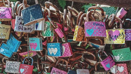 Full frame shot of padlocks hanging on metal