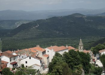 High angle view of houses in town