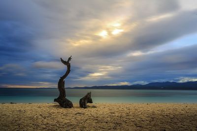 Statue by sea against sky during sunset