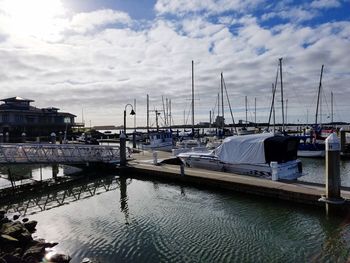 Sailboats moored at harbor against sky
