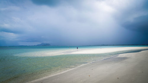 Scenic view of beach against cloudy sky