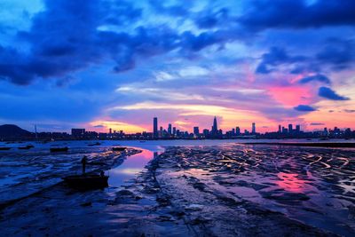 City at waterfront during sunset