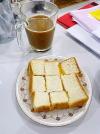 High angle view of breakfast on table