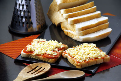 High angle view of breakfast served on table