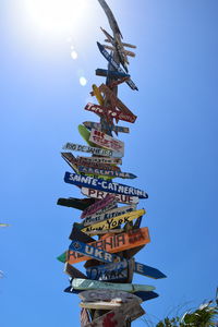 Low angle view of weather vane against clear blue sky