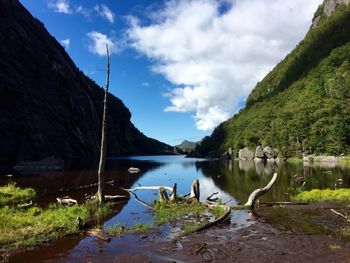 Scenic view of lake and mountains against sky