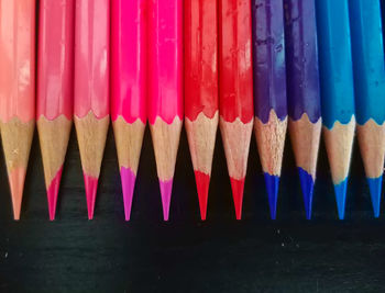 Close-up of multi colored pencils in row