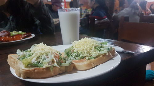 Close-up of food served on table