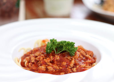 Close-up of food in plate on table
