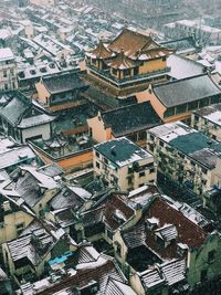 High angle view of houses in town