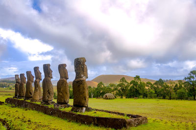 Statue at easter island cloudy sky