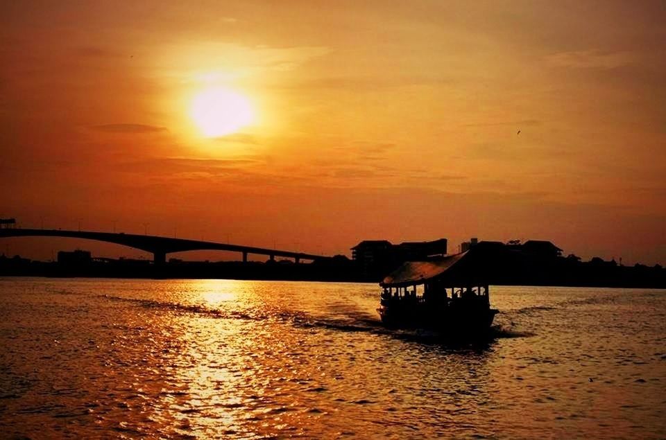 sunset, water, waterfront, silhouette, bridge - man made structure, connection, sun, built structure, transportation, architecture, sky, river, rippled, sea, orange color, bridge, tranquility, tranquil scene, engineering, reflection