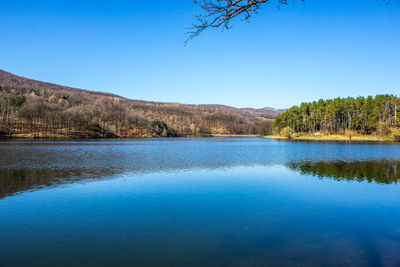 Scenic view of lake against clear blue sky