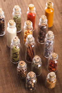 High angle view of wine bottles on table