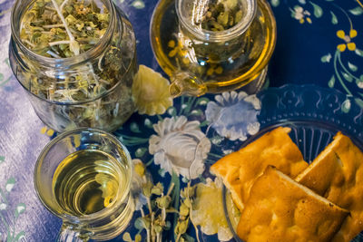 High angle view of glass jar on table