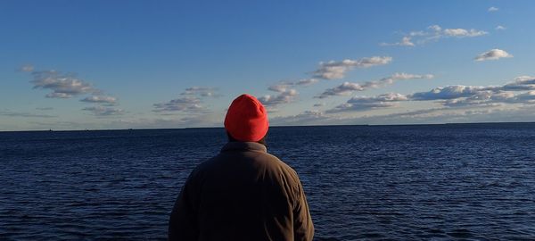 Rear view of woman looking at sea against sky