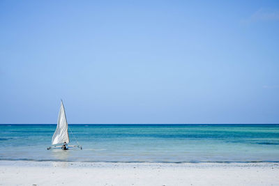 Sailboat sailing on sea against clear sky