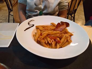 High angle view of food served on table