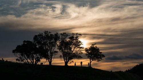 Silhouette trees against dramatic sky during sunset