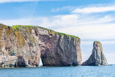 Rock formations in sea against sky