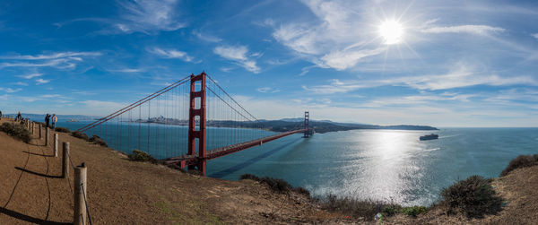 View of suspension bridge over sea