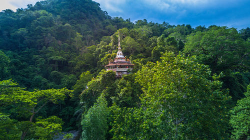 View of temple amidst trees and building