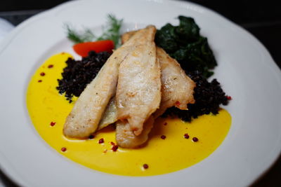 High angle view of fish served in plate