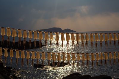 Wooden posts on beach against sky during sunset