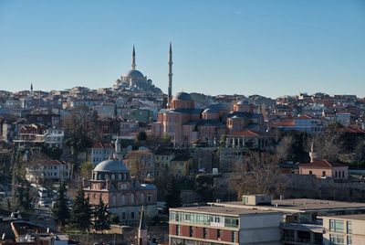 High angle view of cityscape against clear sky