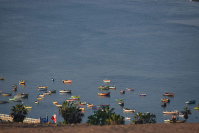 High angle view of sailboats in sea