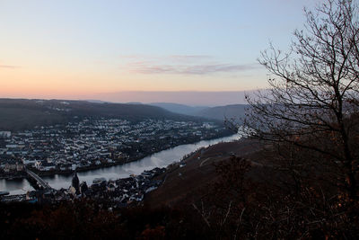 High angle view of townscape against sky at sunset