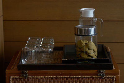 Close-up of glass jar on table