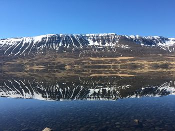 Scenic view of snowcapped mountains against blue sky