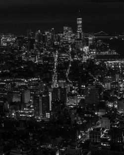 High angle view of illuminated cityscape at night