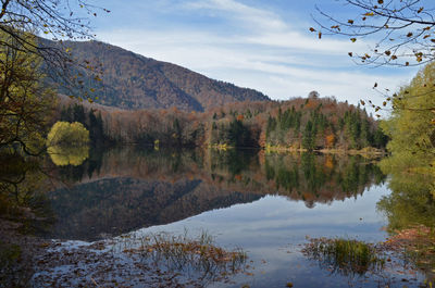 Scenic view of lake and mountains against sky