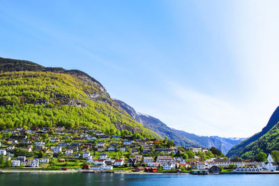 Scenic view of river and mountains against sky