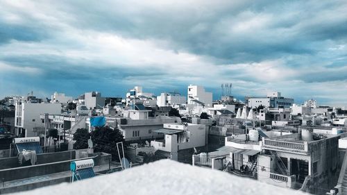 High angle view of buildings in city