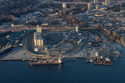 High angle view of city at waterfront